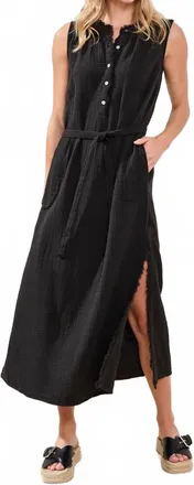 Tribal Crinkle Gauze Button-Front Belted Midi Dress In Black