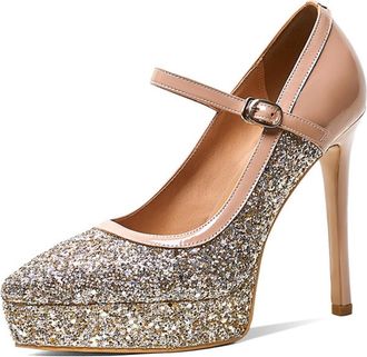 Generic Womens Glitter Mary Janes Platform Stiletto Heel Round Toe Dress Pumps Adjustable Ankle Strap Buckle Closure Lightweight Non Slip Shoes,Gold,4.5 UK