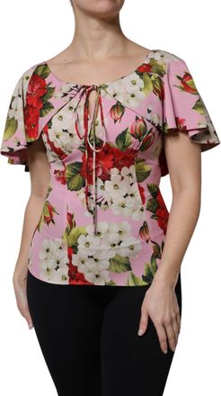 Dolce & Gabbana Pink Floral Silk Short Sleeves Blouse Womens Top