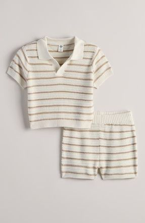 Nordstrom Cotton Blend Knit Polo Sweater & Shorts Set in Ivory Tofu Abe Stripe at Nordstrom, Size 24M