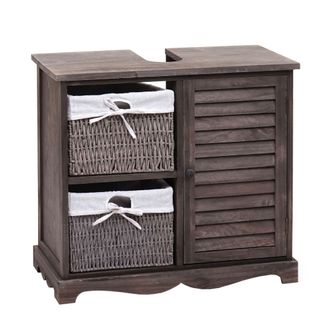 Hhg Mueble Bajo Lavabo Hhg 672, Lavabo De Ba&ntilde;o, Caj&oacute;n Cesta De Madera Maciza 60x65x31cm, Shabby Gris-marr&oacute;n