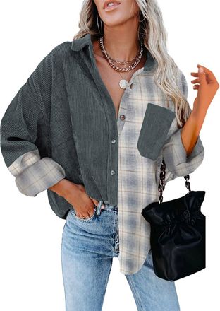 Generic Womens Corduroy Jacket Button Down Long Sleeve Checked Jackets Lightweight Autumn Winter Ladies Outerwear(Grey, XXXL) Strickpullover Damen