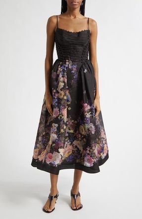 Zimmermann Kindred Spirit Luna Floral Beaded Linen & Silk Organza Picnic Dress in Black Multi Floral at Nordstrom, Size 0