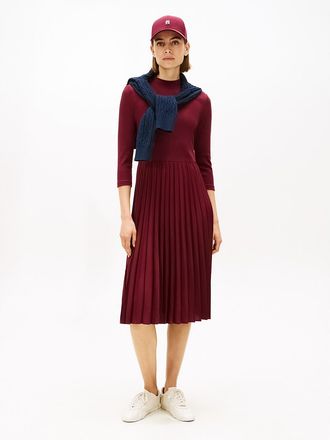 Tommy Hilfiger Womens Pleated Mix Media Midi Dress - Red - L