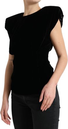 Dolce & Gabbana Womens Black Velvet Fitted Padded Shoulder Blouse Top Viscose Silk