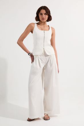 Karen Millen Womens Tailored Denim Peplum Wide Leg Jumpsuit - White Cotton - Size 12 UK