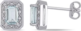 Mimi & Max 1/10ct TW Diamond and Emerald Cut Aquamarine Halo Earrings in Sterling Silver