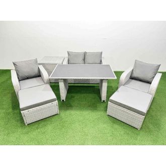 Fimous Outdoor Rattan Garden Furniture Dining Set 6-seater Patio Rectangular Table Love Sofa Reclining Chair Set with Side Table 2 Small Stools - Fimous