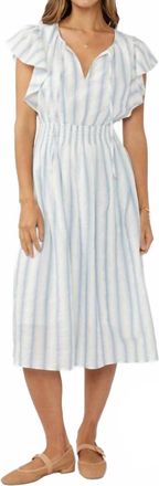 Lovestitch Split Neck Smocked Dress In White/dusty Blue Stripe
