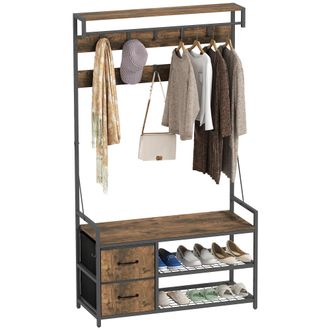 OEM Perchero Zapatero Con Zapatero Doble 10 Ganchos Ajustables 2 Cajones Y Barra Colgante 100x40x180 Cm Marr&oacute;n R&uacute;stico