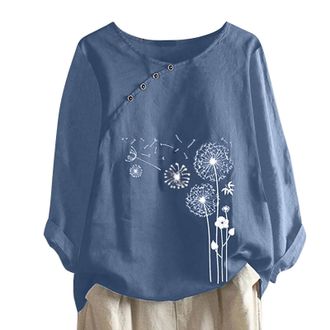 Generic My Orders UK My Recent Orders T Shirts for Women UK Plus Size Womens Tops Long Sleeve Printed Cotton and Linen Taraxacum Printed Buttons O Outlet Clea