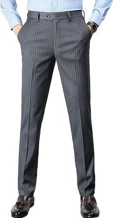 Generic Mens Slim Striped Casual Tapered Pant Pinstripe Wrinkle Resistant Suit Pants Lightweight Business Trousers (Grey,XXL)