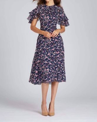 Teri Jon Floral Ruffle Sleeve Chiffon Dress In Navy