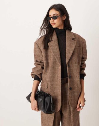 Asos blazer sartoriale oversize doppiopetto in misto lana a quadri marroni pied de poule-Marrone