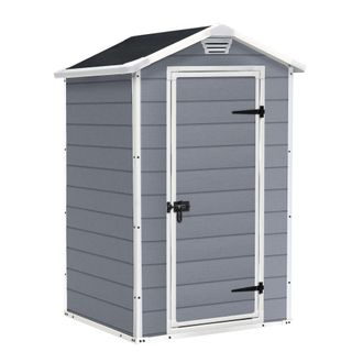 Keter Manor 4x3 - Caseta De Jard&iacute;n 129x196x103 Cm 1 Puerta Para Almacenamiento De Herramientas Acabado Efecto Madera Rayada En Resina Gris