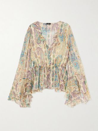Etro Blusa In Chiffon Di Seta Con Stampa Paisley E Baschina - Verde