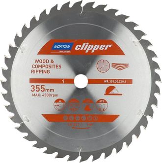 Norton Sierra Circular Norton 355 Mm, Corte Longitudinal Y Transversal Para Madera Y Materiales Compuestos, 37-47 Dientes, Carburo Y Acero, 5000 Rpm, Di&aacute;metr
