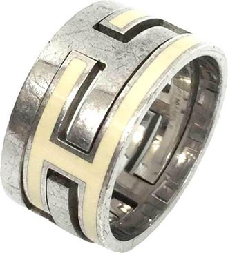 Herm&egrave;s Silver White Lacquer Silver 925 Band Ring (Pre-Owned)