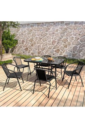 Living and Home 7 PCS Tempered Glass Outdoor Garden Dining Table Set with Parasol Hole in Black