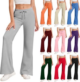 Generic Womens Casual Joggers Sweatpants Solid Color Drawstring High Waist Wide Leg Pants with Pockets Womens Wide Leg Sweatpants Elastic High Waisted Drawstr