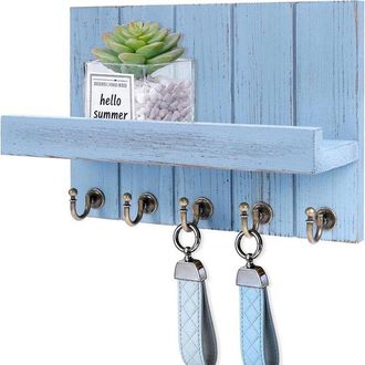 OEM Llavero De Madera Con Estante - 5 Ganchos - Azul Antiguo