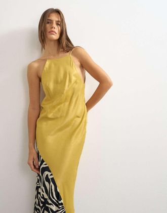 Topshop vestito lungo maxi in raso taglio sbieco con scollo allamericana e schiena scoperta a scollo rotondo, color block animalier-Multicolore