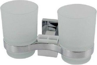 Trade Shop Trade Shop - Soporte Cepillo De Dientes 2 Vasos Pasta De Dientes Pared Acero Vidrio Cuadrado 59187