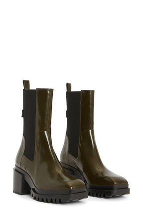 AllSaints Skarlet Block Heel Chelsea Boot in Bronze Green Shine at Nordstrom, Size 10