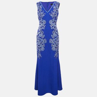 Tadashi Shoji Blue Floral Embroidery Textured Crepe Sleeveless Gown