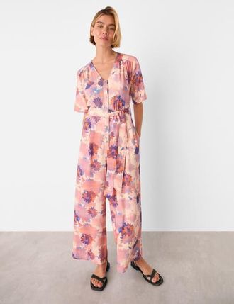 Whistles Floral Button Front Cropped Jumpsuit in Pink/multi at Nordstrom, Size 10