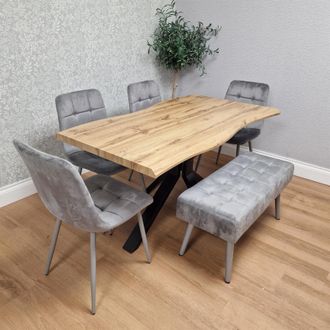 Kosy Koala Wooden Dining Table with 2 Grey Velvet Chairs & Padded Bench, Dining Room Furniture in Brown