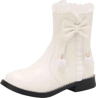 Generic Womens Mid Calf Boots Round Toe Low Block Heel Slip On Style With Butterfly-Knot Accent Casual Everyday Shoes