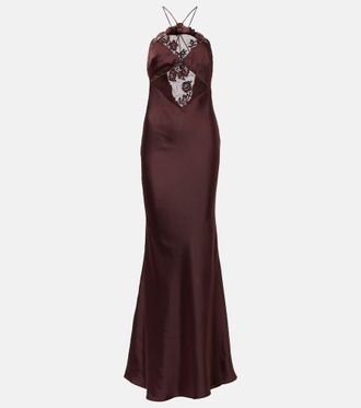Self Portrait Lace-trimmed halterneck satin gown
