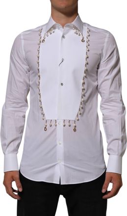 Dolce & Gabbana White Cotton DG Logo Pearl GOLD Formal Mens Shirt