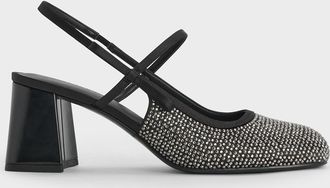 Charles & Keith Satin Crystal-Embellished Slingback Mary Jane Pumps