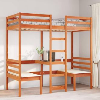 Berkfield Home Loft Bed Frame with Desk & Chairs Wax Brown 80x200cm Solid Wood Pine | Size: 80x200 cm