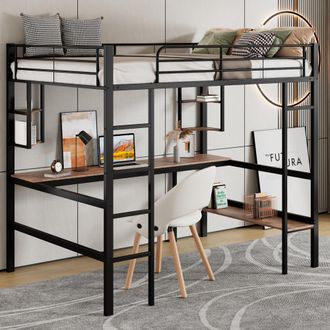 OEM 90x200cm Armaz&oacute;n De Cama De Metal, Cama De Hierro Con Escritorio, Litera Con Cuatro Estanter&iacute;as Peque&ntilde;as Y Una Gran Estanter&iacute;a Para Ni&ntilde;os, Adolescente