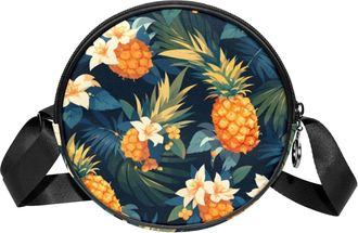 Generic Circle Crossbody Bag for Women, Pineapple Flowers Small Sling Bag Daypack with Zipper Adjustable Shoulder Straps Casual Ladies Girls Round Purse