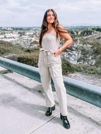 Blue Blush Strapless Cargo Jumpsuit In Washed Olive