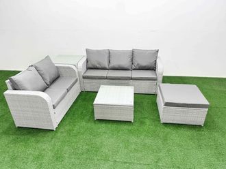 Fimous 6 Seater PE Rattan Wicker Garden Furniture Patio Conservatory Sofa Set w/ Square Coffee Table 3 Seater Sofa Love Sofa Big Footstool Side Table