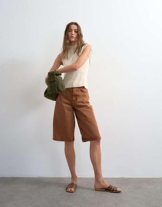Topshop Pantaloncini in denim color caramello-Marrone