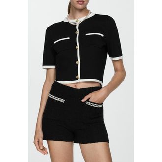 Mango Contrast Trim Short Sleeve Cardigan in Black at Nordstrom, Size Medium