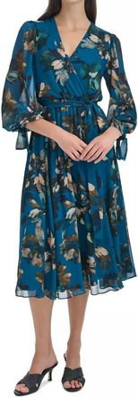 Calvin Klein Printed Long-Sleeve A-Line Dress In Teal