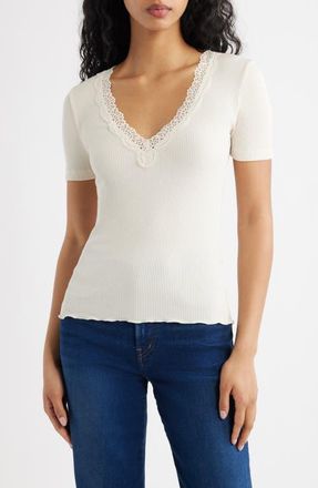 Madewell Lace Trim V-Neck Rib Top in Vintage Ivory at Nordstrom, Size Xx-Small