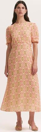 Finery Mela Printed Midi Tea Dress in Coral Ikat at Nordstrom, Size 14