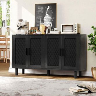 OEM Buffet De Madera, Buffet De Sal&oacute;n De Rat&aacute;n 4 Puertas, Mueble De Almacenamiento, Estantes Ajustables, 140x40x80cm, Paneles De Part&iacute;culas, Negro