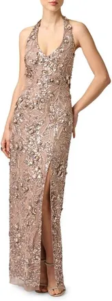 Aidan Mattox Sequin & Floral Halter Neck Sheath Gown in Smokey Mauve at Nordstrom, Size 14