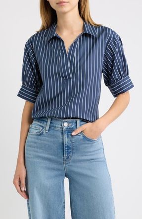 Frame Denim The Stripe Cotton Popover Top in Navy Multi Stripe at Nordstrom, Size X-Small