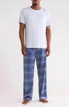 Geoffrey Beene Crewneck T-Shirt & Plaid Pajama Pants Set in Blue at Nordstrom Rack, Size X-Large