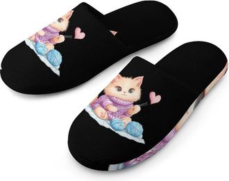 Generic Cute Cat Knitting with Yarn Balls Cotton Slippers for Men Memory Foam House Slippers Soft Anti-skid Sole Indoor Outdoor Shoes
